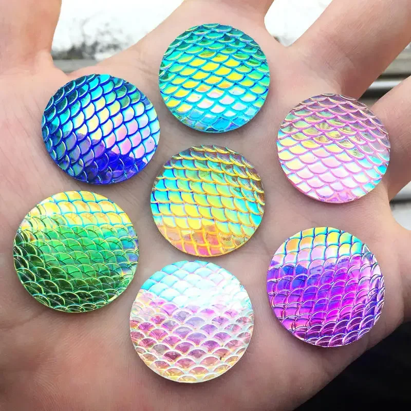 12pcs 25mm Round fish scale resin mermaid cabochon flat back Rhinestone button-B46