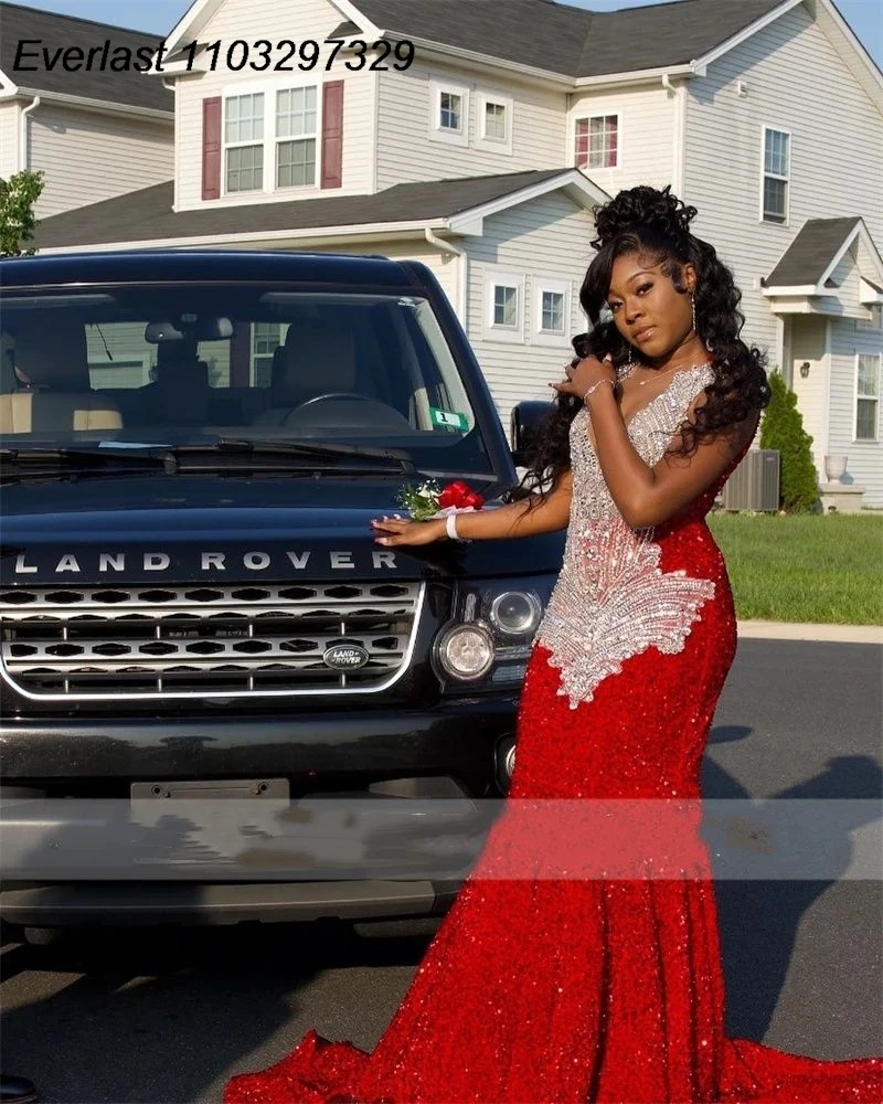 EVLAST Customized Red Sequins African Mermaid Prom Dress For Black Girls Beaded Crystal Birthday Party Gown Robe De Soiree TPD21