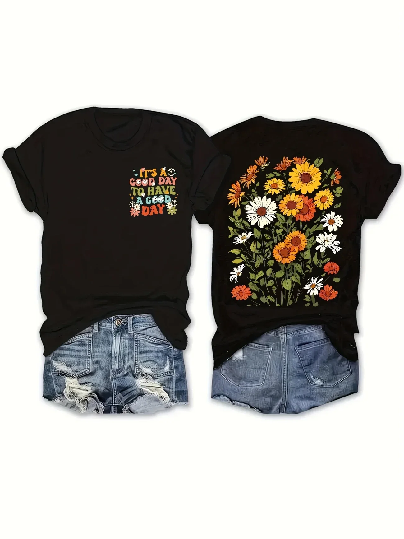 

Plus - Size Positive Vibes Graphic Tees, Black Short - Sleeve with “Good Day” Slogan & Flower Print
