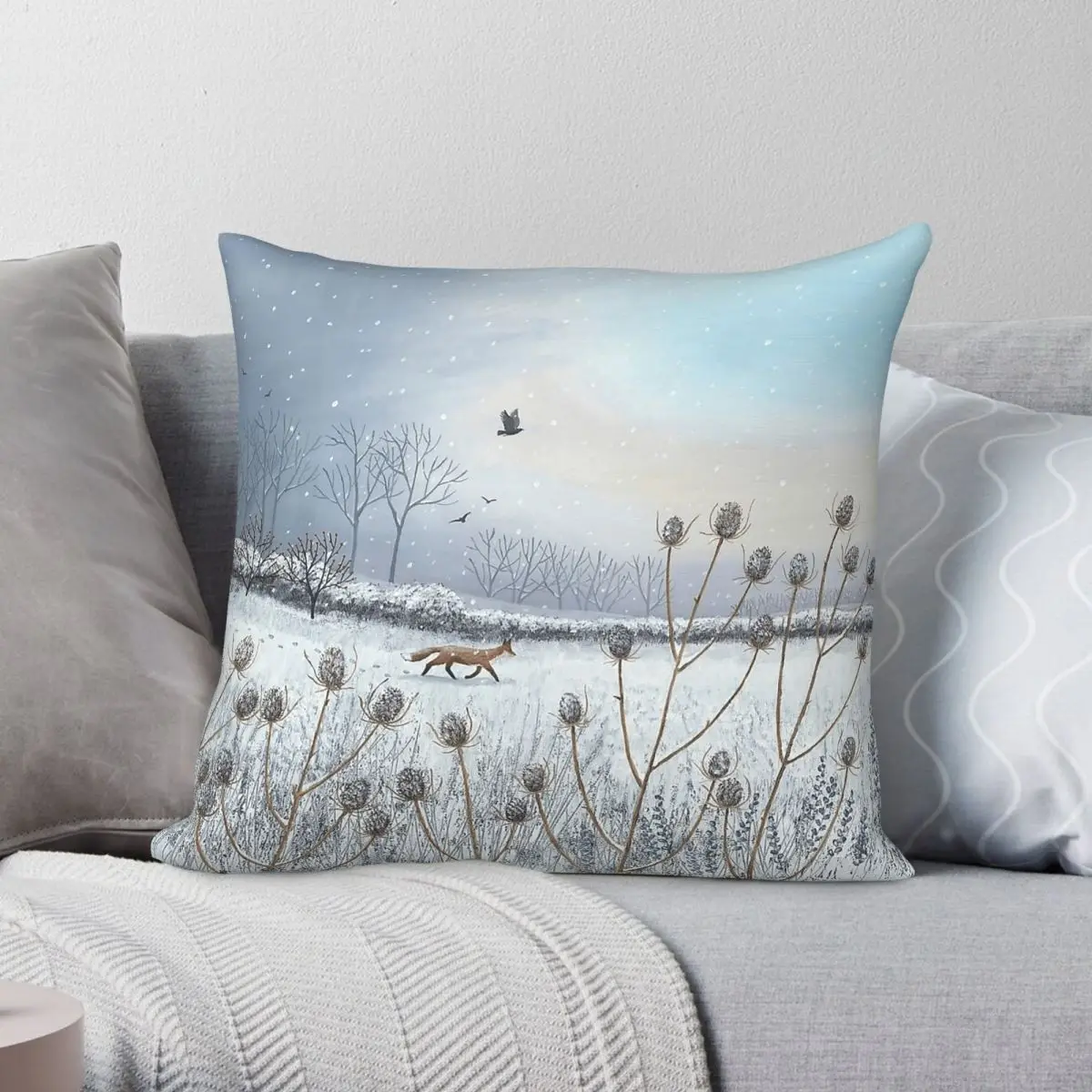 First Snow Fox Square Pillowcase Polyester Linen Velvet Pattern Zip Decorative Sofa Seater Cushion Cover 18