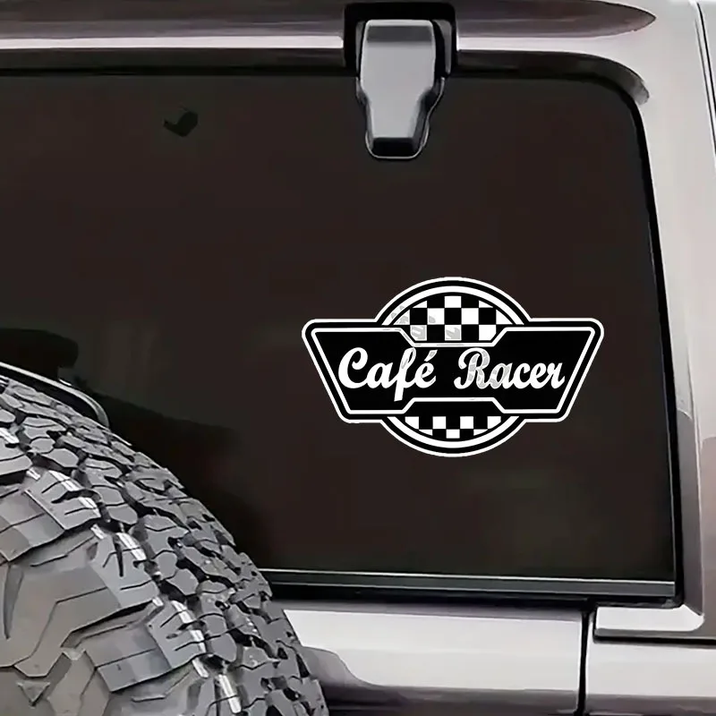 2D Flat Café Racer Sticker, Black White Checkerboard Pattern Waterproof Vinyl Decal, For Motorcycle Car Laptop Decor