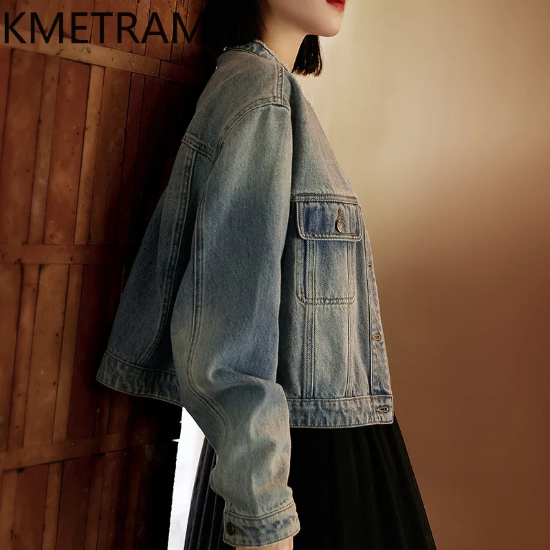 KMETRAM 90% 코튼 데님 재킷, 빈티지 워시 데님 재킷, 패션 가을 겉옷, 여성 2024, 신상