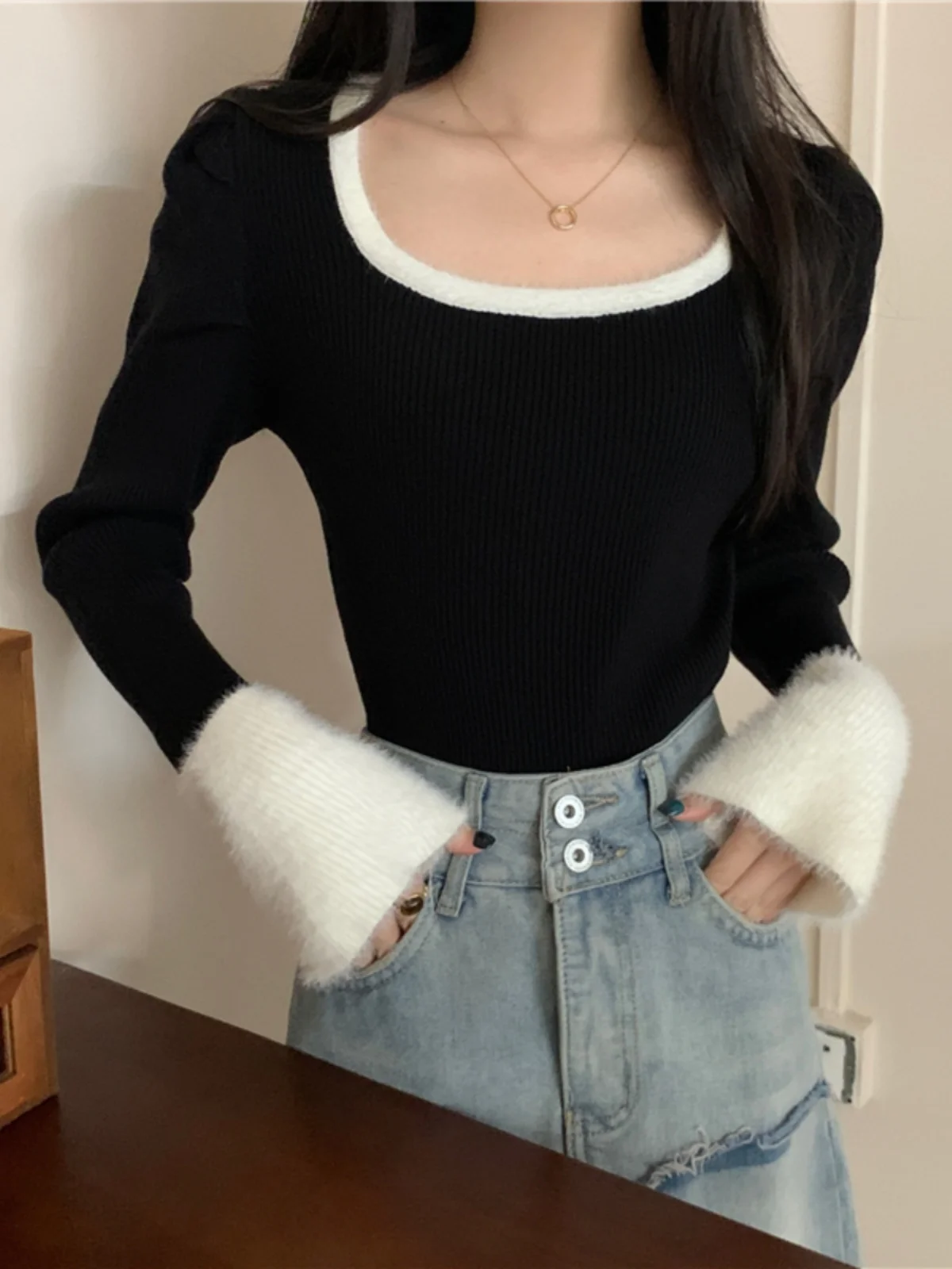 

Slimfit Square Collar Women's Base Daily Commuting Simple Knit Sweater Tops Fall High Quality Inner Iap Iong Sleeves