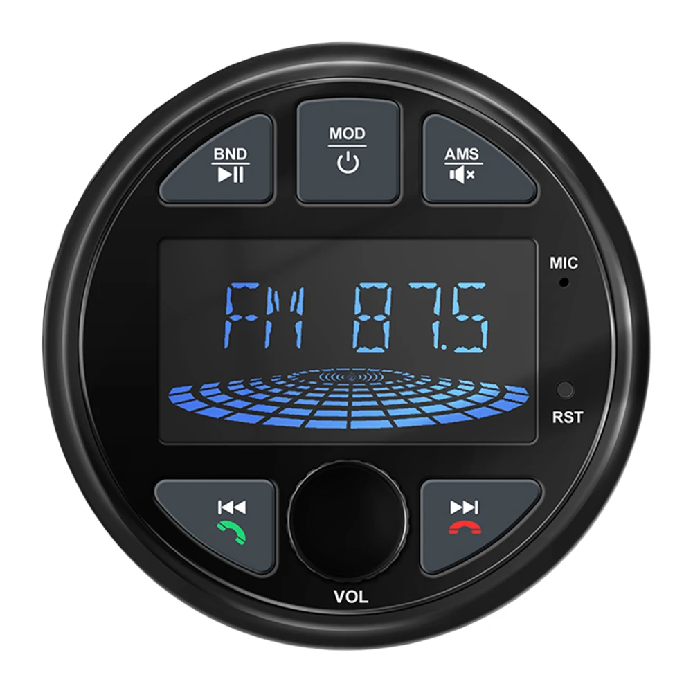 Marine Stereo Boat Radio with LCD Screen Round MP3 Player IPX6 Waterproof BT Digital Media Radio for Yacht ATV UTV RV Golf Cart