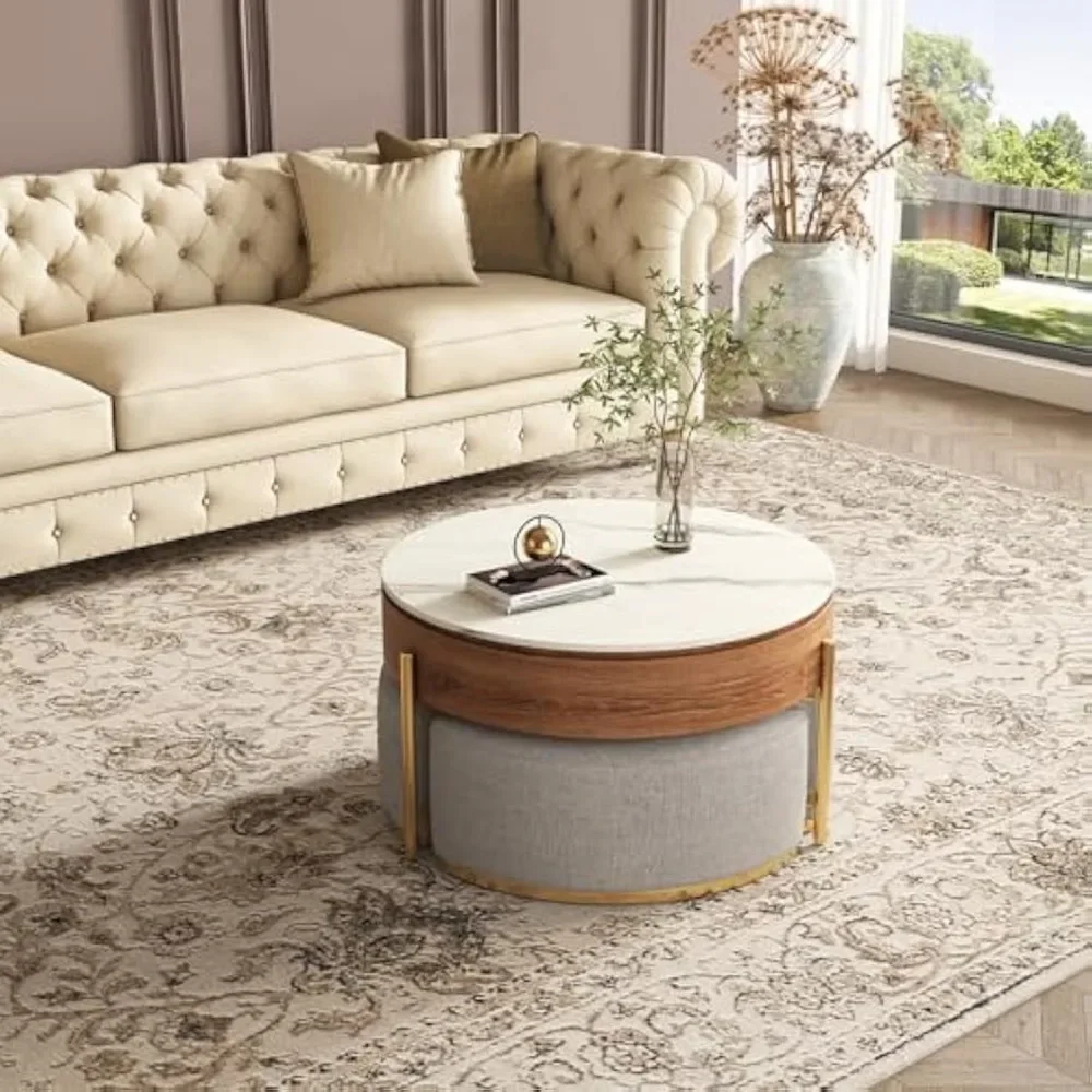 Coffee Table Set, Round Marble Tables with Storage and Nesting Ottomans, Lift Top Coffee Table Set