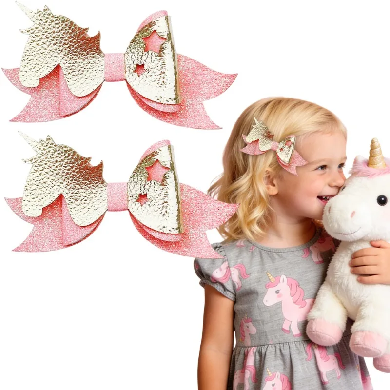 

2PCS Magical Unicorn Bow Hair Clips Girls Metallic Accents Trendy Accessory Stylish Cute Headwear For Girl Princess Daily Looks