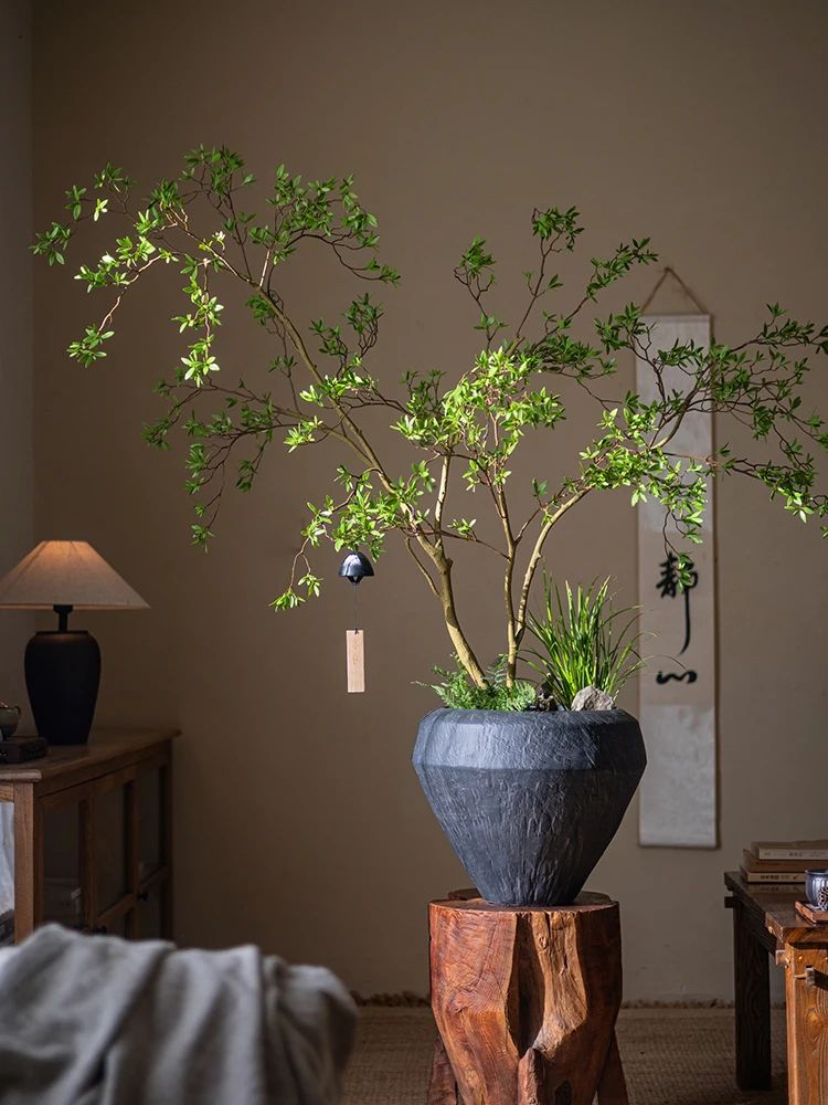 

Retro Large Black Zen Style Chinese Wabi-Sabi Living Room Plant Pots Tea Room Floor Decoration Ornaments Magnesium Clay Material