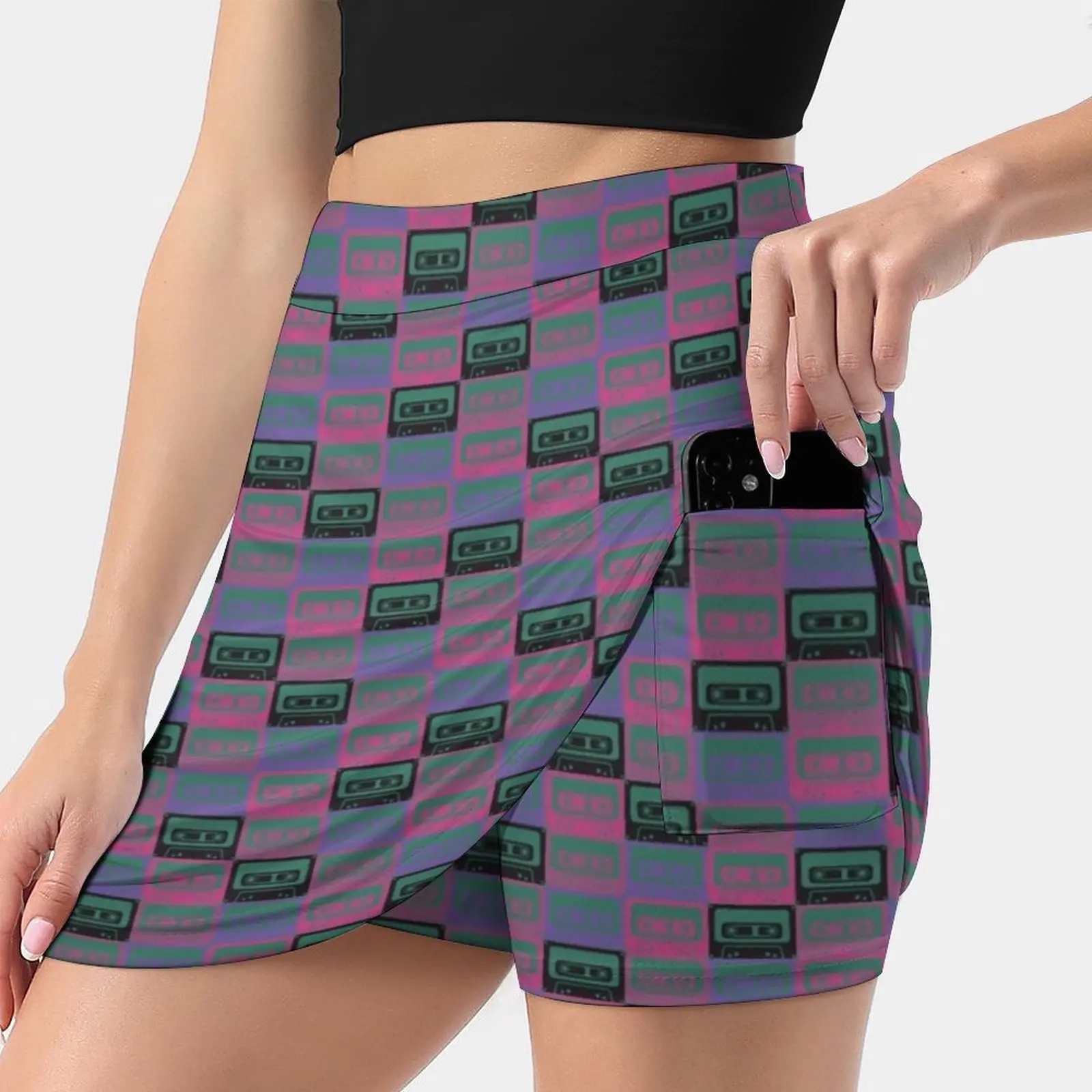 Black Purple And Pink Mix Tapes Women'S Fashion Sporting Skirt With Pockets Tennis Golf Running Skirts Pink Black Green Retro