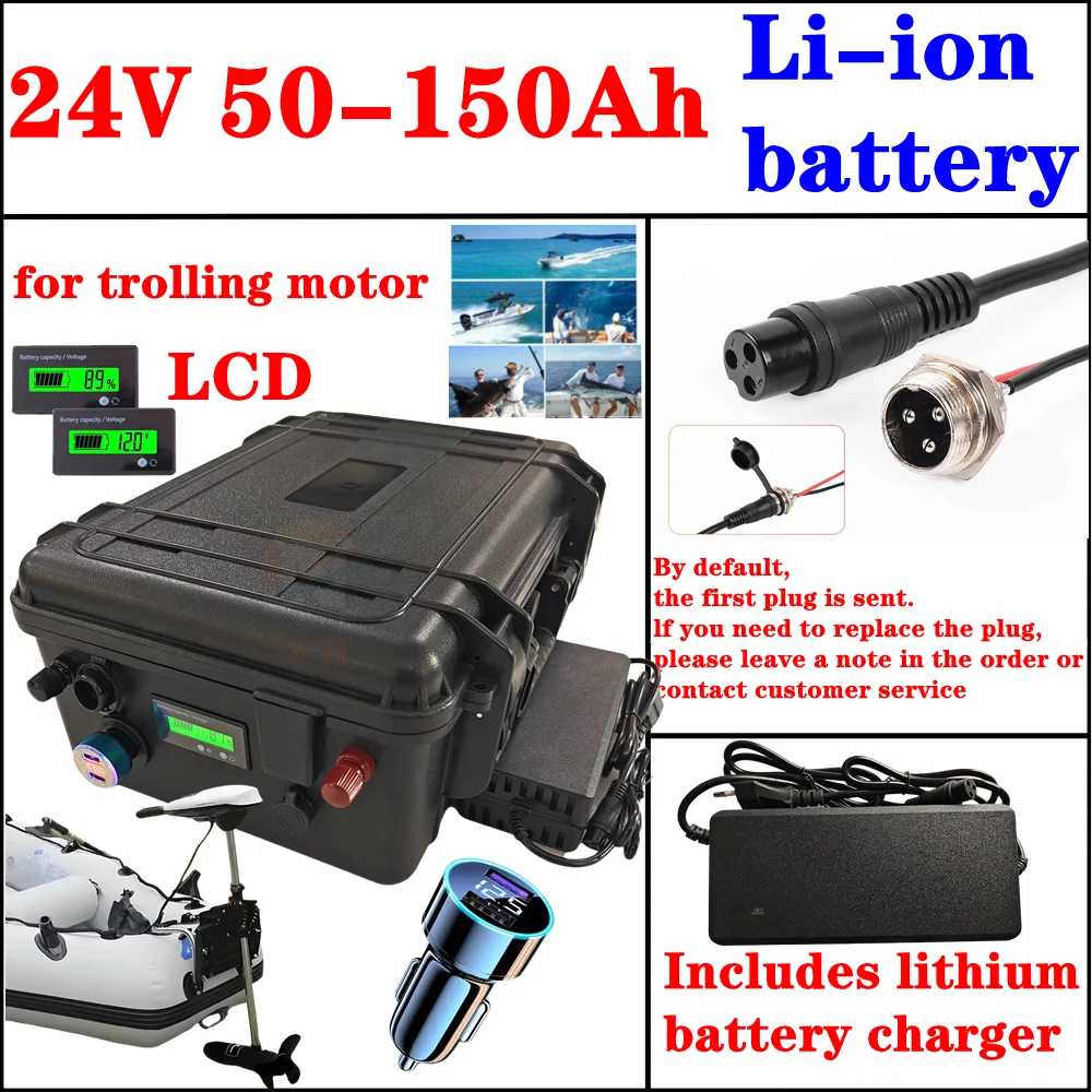 

Waterproof ip67 24V 50Ah 60Ah 80Ah 100Ah 120Ah 150Ah Lithium ion battery with BMS for trolling motor solar system+10A Charger