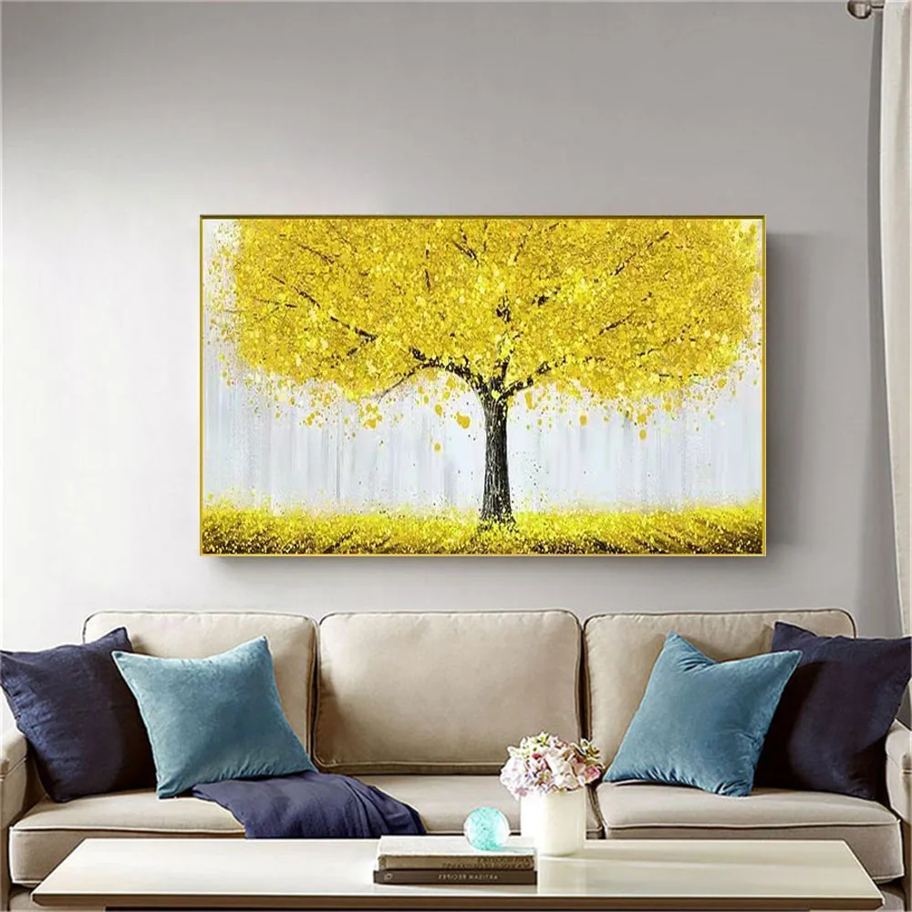 Hand-Painted Golden Tree Wall Art Modern Landscape Oil Painting On Canvas Picture For Living Room Decor Mural Gift Free Shipping