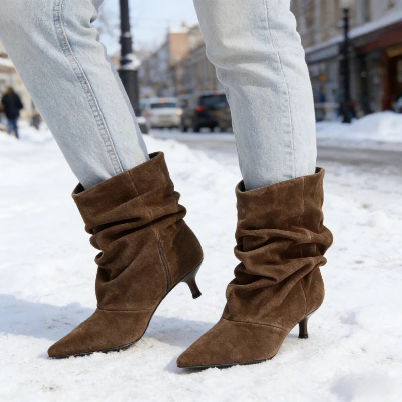 Suede Winter Women High Boots Pointed-Toe Pleated Short Boots Female Brown Retro Elegant Designer Ankle Boots Bottes Femmes image 6