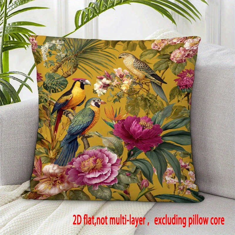 2D flat- Vintage Tropical Birds and Flowers Throw Pillow Cover Yellow Botanical Floral Cushion Case for Home Decor