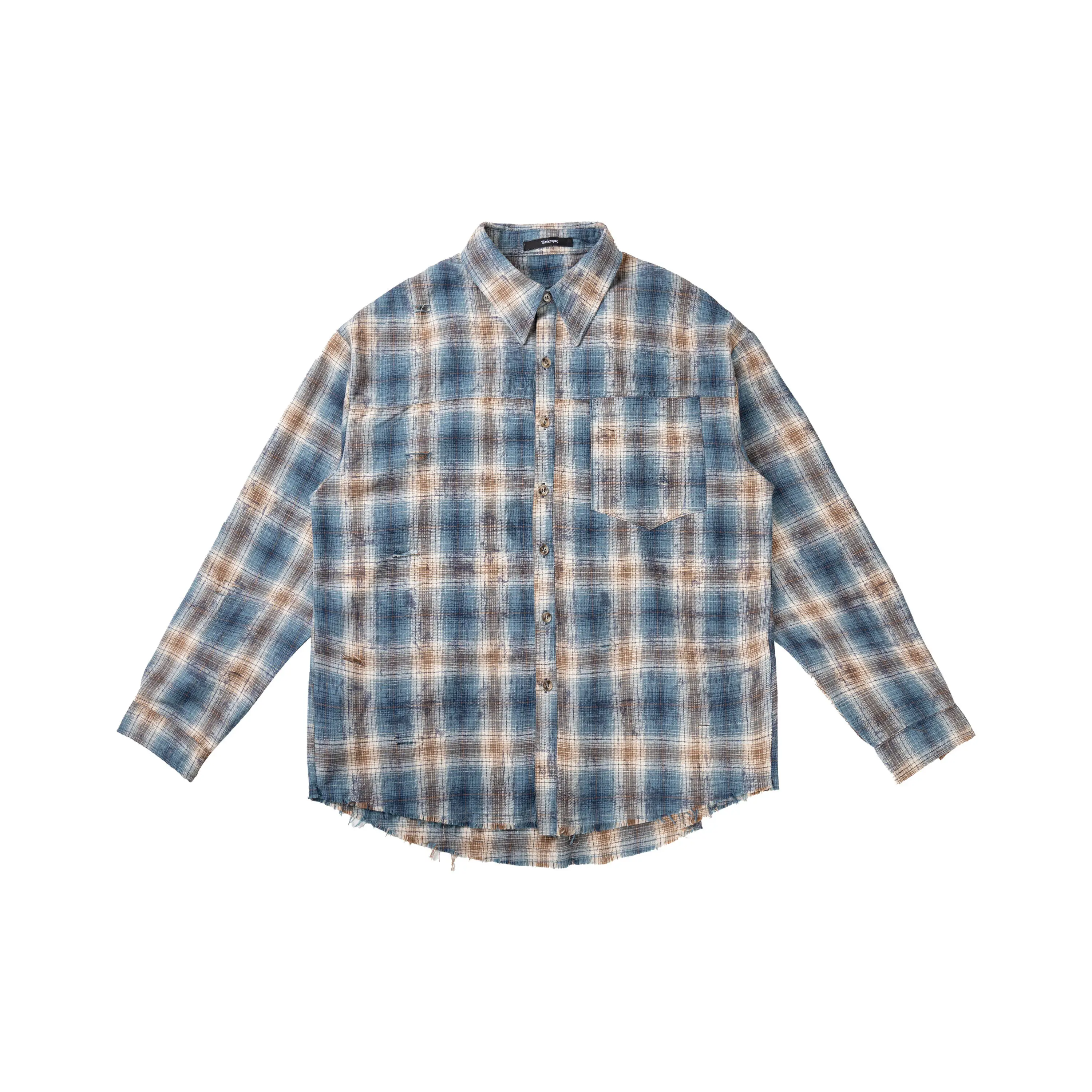 Men's high quality gradient plaid dirty stain ruined shirt