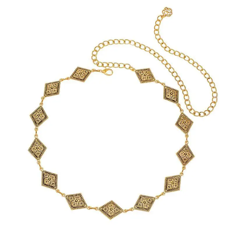 Retro Vielseitiger Ethno-Stil Rautenmuster Bohemian Taillenkette Gürtel für Damen Mode Pulloverkette Taillenverschluss Körperschmuck Accessoires – Detail 5