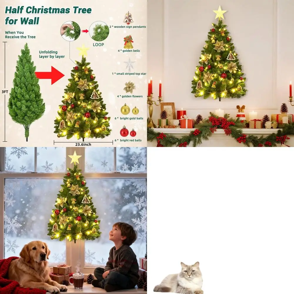 

Полуразмерный темно-зеленый декор для рождественской елки с подсветкой, украшениями и крючками для дверей или окон, идеально подходит для владельцев домашних животных