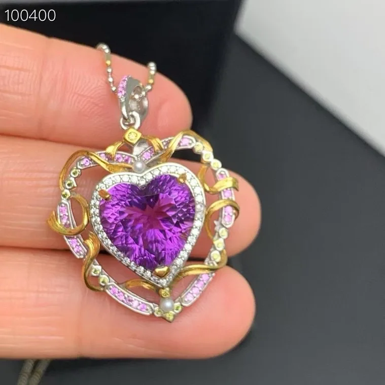 Natural Amethyst 925 Sterling Silver Pendant, Heart-Shaped Amethyst, Handcrafted Jewelry (no Chain )