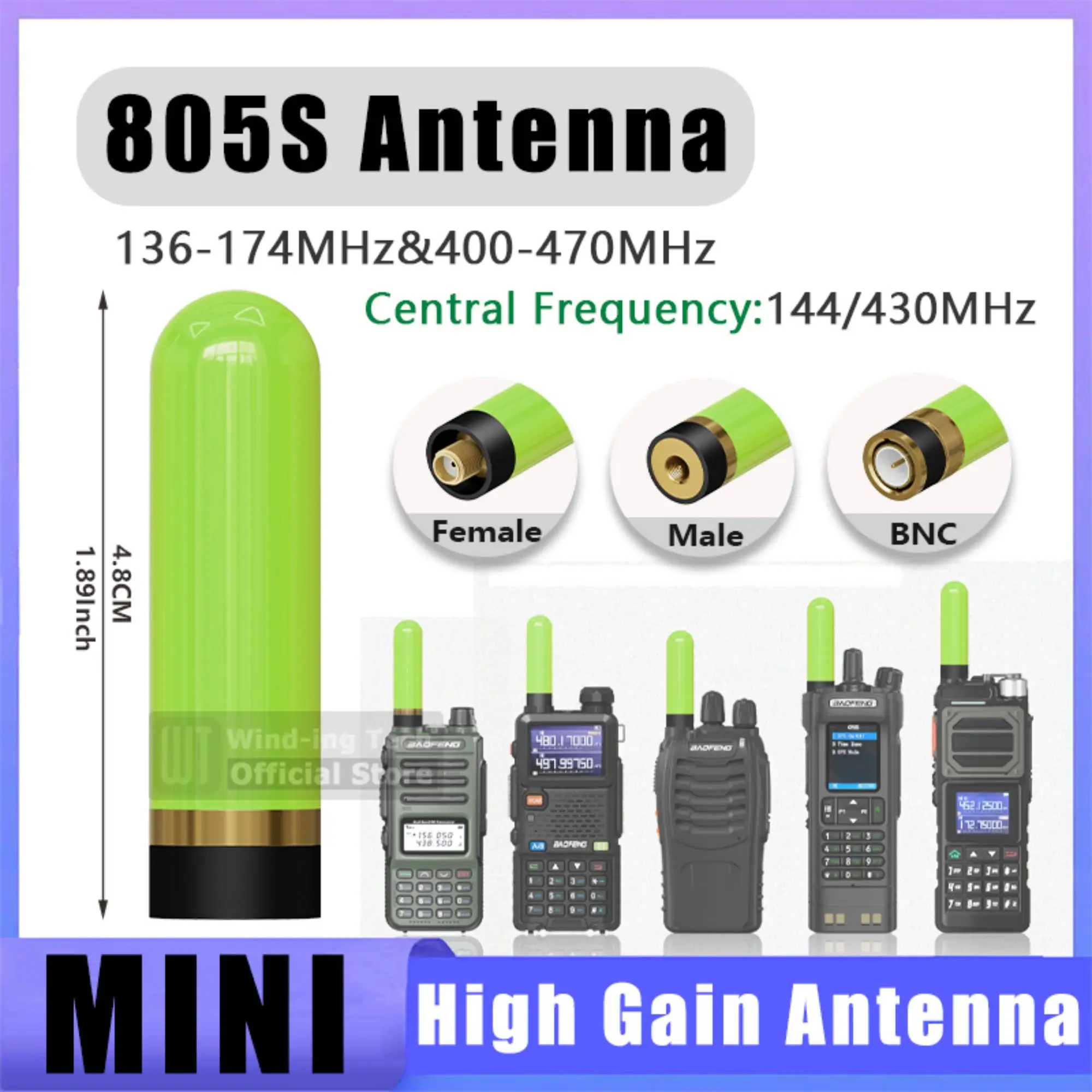 805S Mini Antenna Green High Gain Dual Band 10W SMA-Male/SMA-Female/BNC Connector For 5R Mini UV-K1 UV-K5 Two Way Radio Antenna