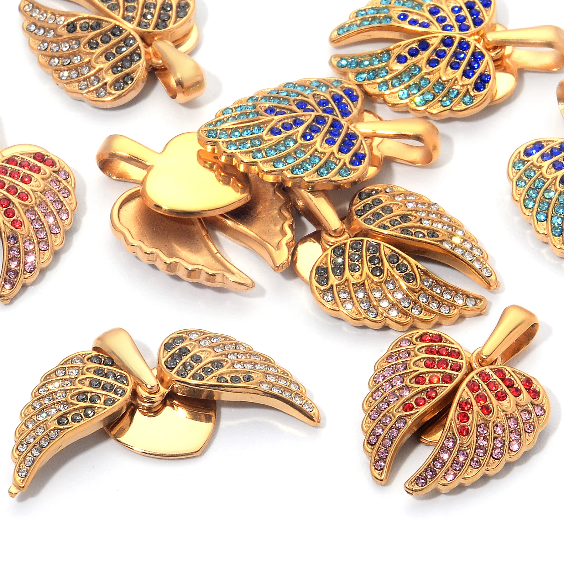 10 قطعة أجنحة الملاك على شكل قلب مع دلايات الزركون قلادة DIY بها بنفسك صنع قلادة المفاتيح اكسسوارات بالجملة