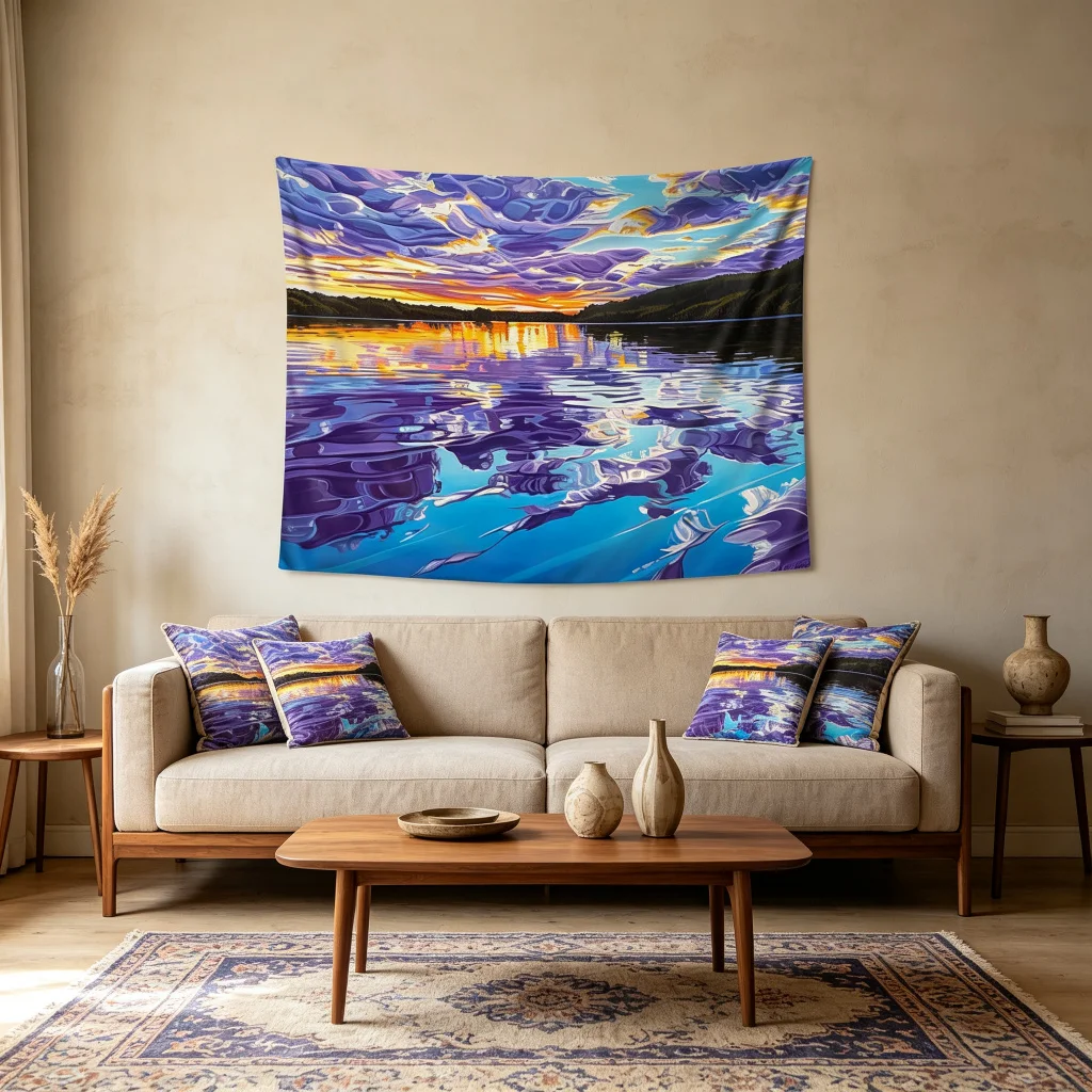 1PC Oil Painting Lake Sunset Print Backdrop Banner, Bedroom Living Room Photo Background, Polyester, Home Decor, Wall Art
