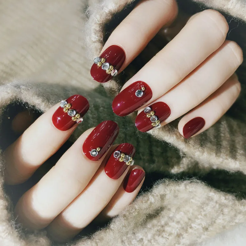 Wine Red Color  3D Fake Nails   With Glue Accessories Nail Art Fake Nail Set  Full Nail Tips Patch Lady Art Tool