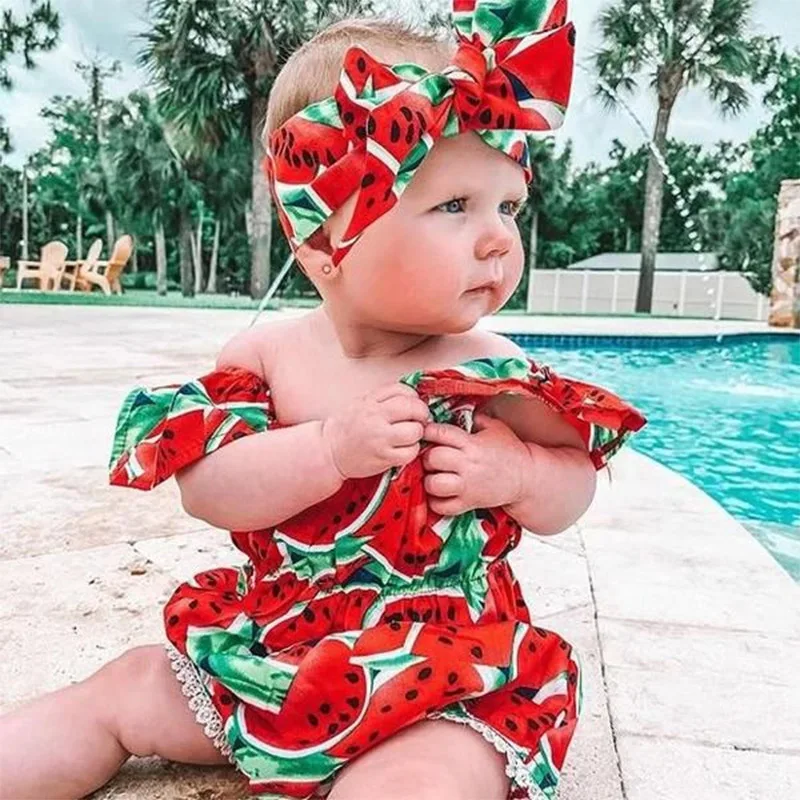 Baby Mädchen Rosa Wassermelonen-Print Strampler Säugling Rüschen-Body mit Stirnband Neugeborenen Rotes Wassermelonen-Karnevalskostüm – Detail 22