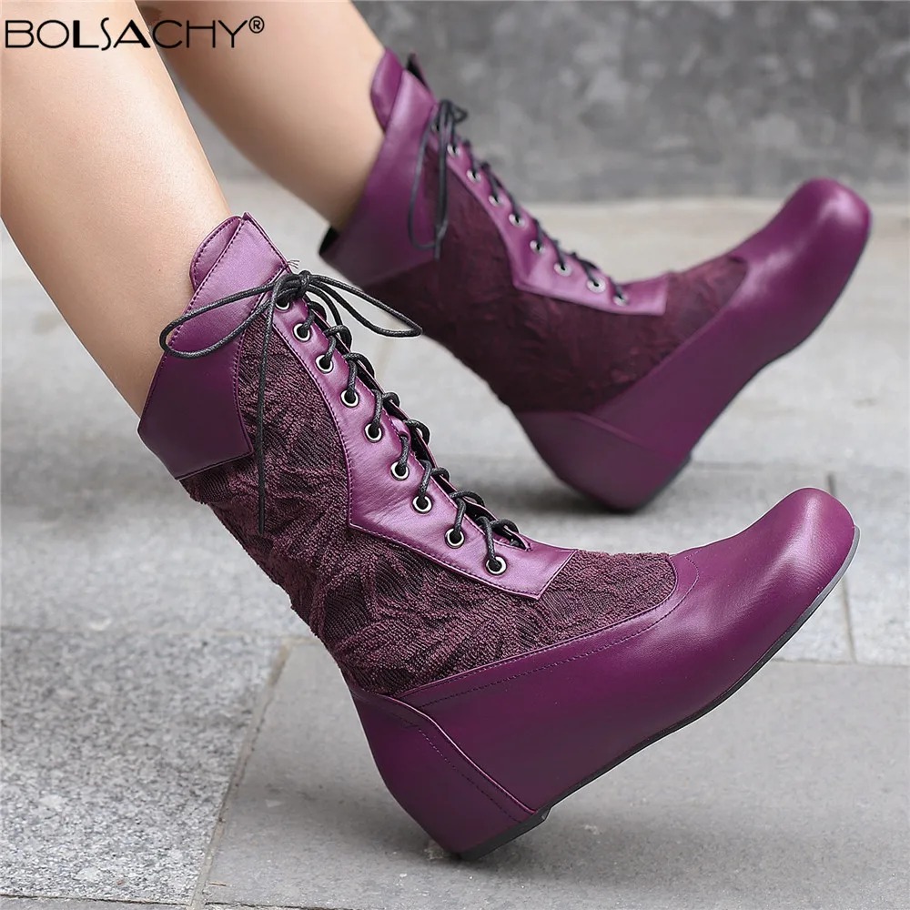 2026 Design Women Mid Calf Boots Round Toe Internal Height Lace Up Large Size 48 49 50 Fashion Dating Booties