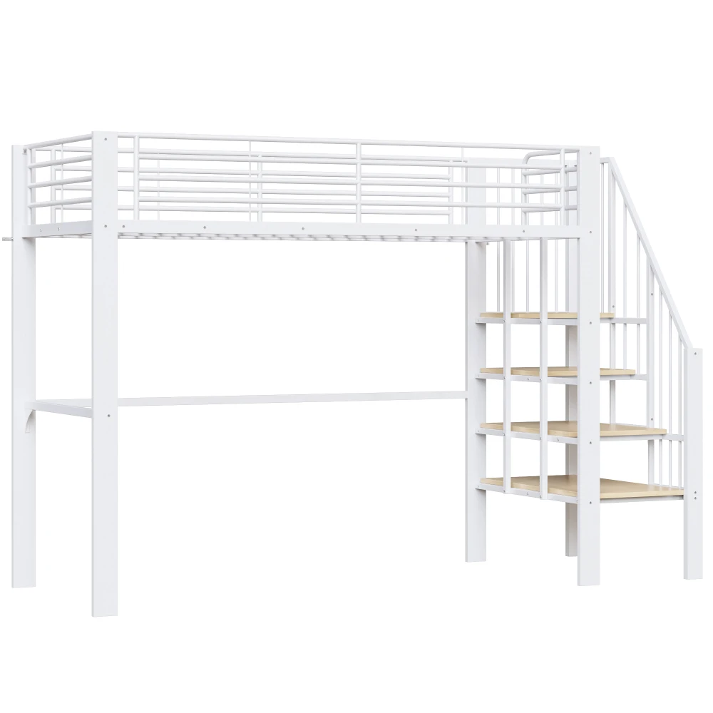 Stabiles Hochbett aus Metall, 90 x 200 cm/140 x 200 cm, mit geräumigem Stauraum unter dem Bett und Treppe für Kinder und Erwachsene, Bettgestelle und -gestelle – Detail 11