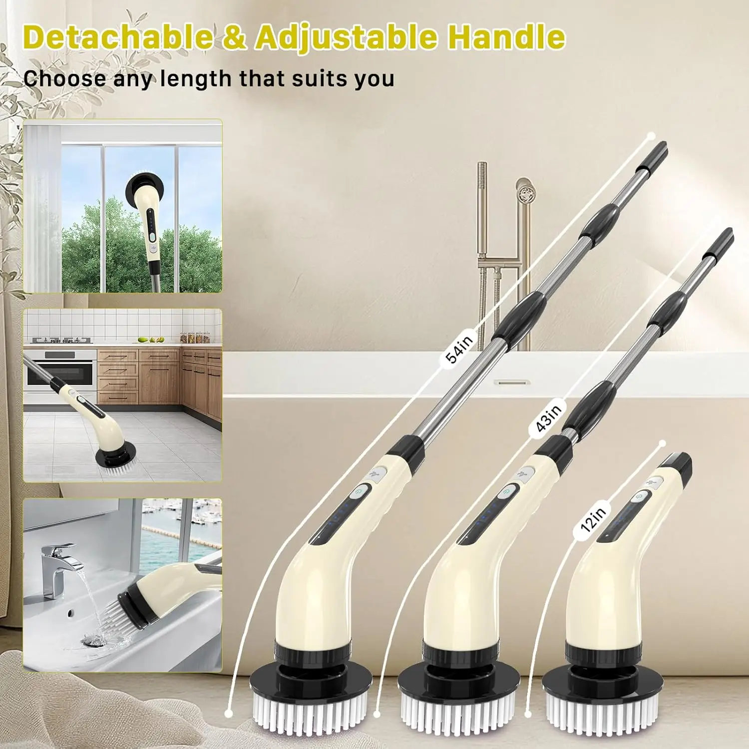 전기 회전 스크러버, 무선 청소 브러시, 7개의 교체 가능한 브러시가 있는 샤워 스크러버, 2단 속도 및 조절 가능한 연장 핸들