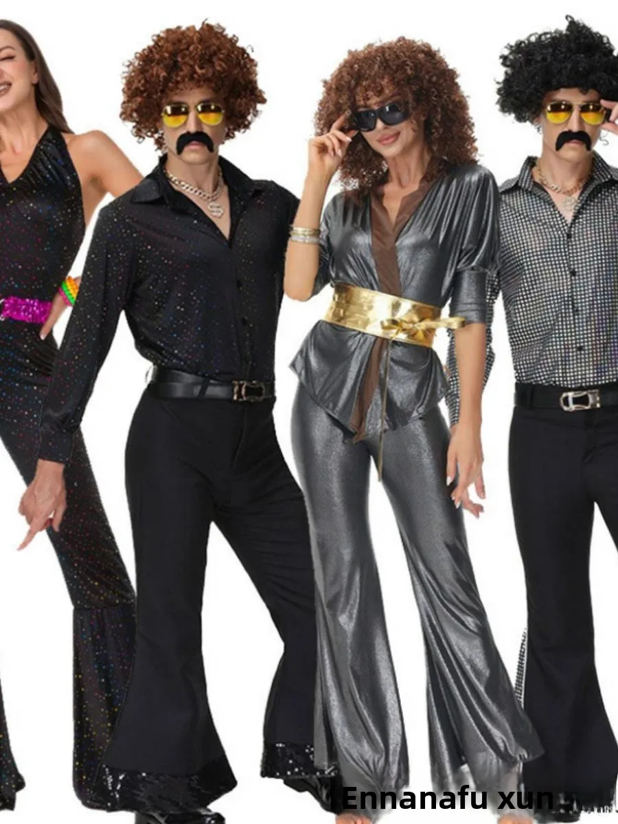 

Костюмы для пар в стиле диско-хиппи, наряды для выступлений на Хэллоуин, ретро-одежда 70-х и 80-х годов, полиэстер, этнический сценический костюм