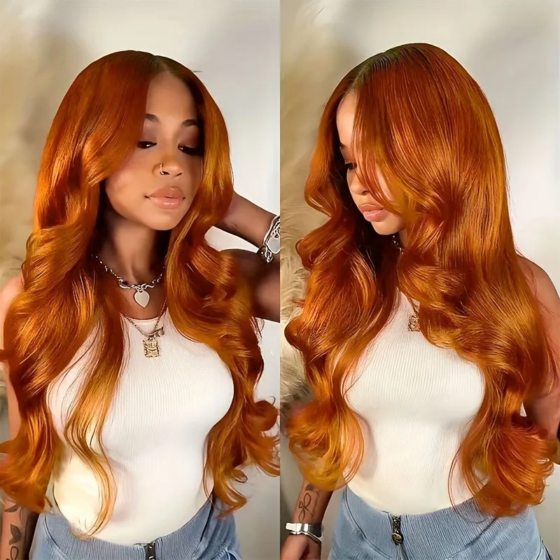 Peluca delantera de encaje HD 13x4.1 naranja jengibre # El cabello humano brasileño de las pelucas coloreadas de la onda del cuerpo 350 pre desplumaron el cordón sin cola del cabello humano Fro