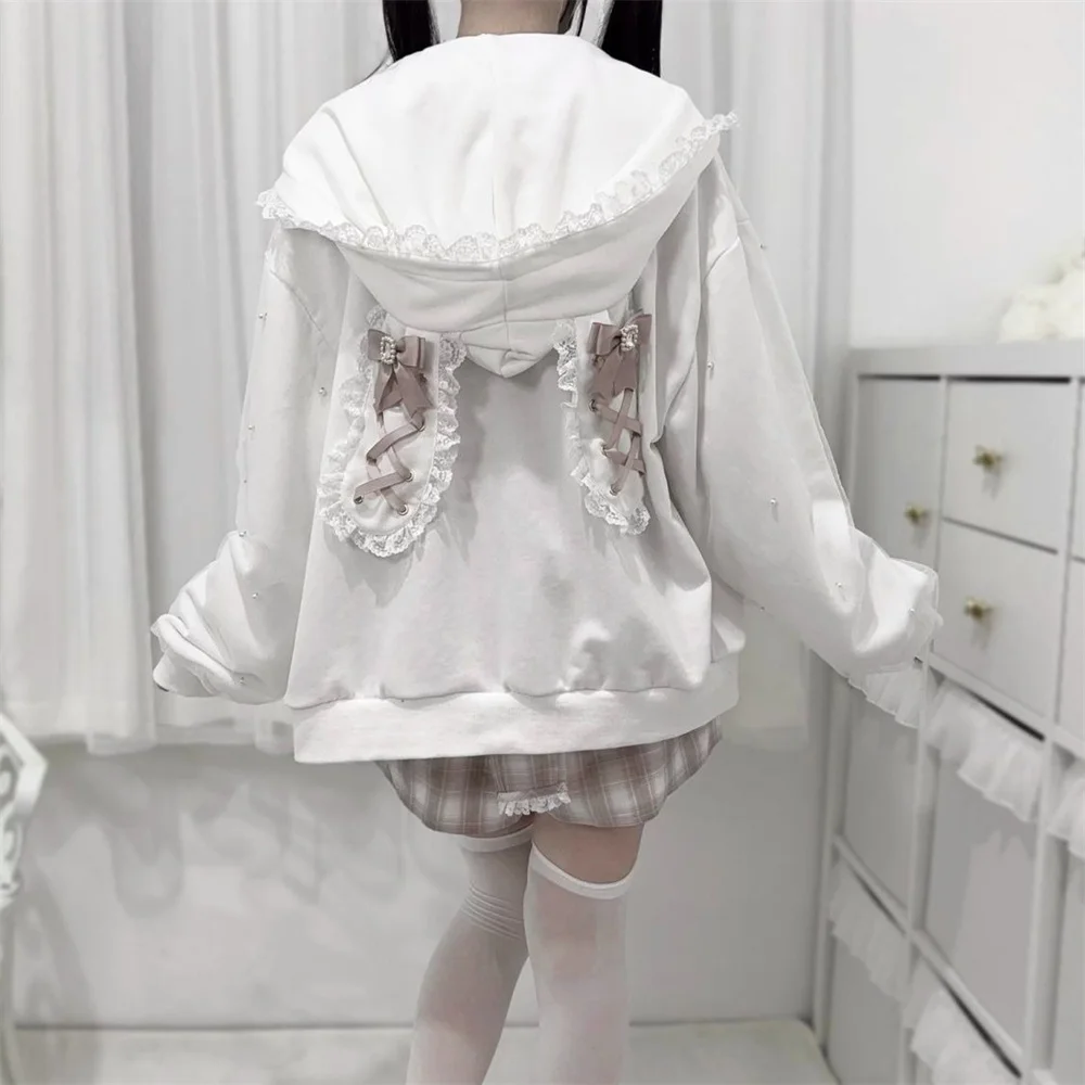 Jarní 2025, sladká roztomilá japonská mine, volná mikina s kapucí na zip, králičí uši, kapuce s šněrovací mašlí, perlová dekorativní bunda s dlouhým rukávem - náhled 3