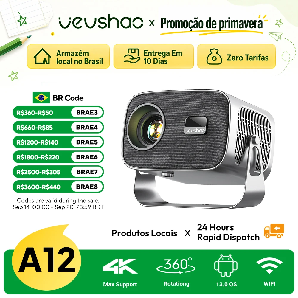 Vevshao a12 projetor mini portátil led vídeo android 13.0 wifi 6 espelho smartphone para 1080p 4k vídeo projetor de cinema em casa