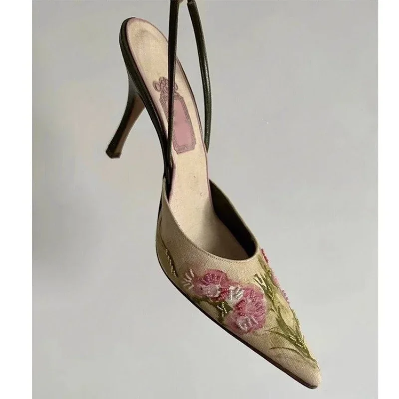 Embroidered High Heel Sandals Women Elegant Slingback Sandals Summer 2025 Pointed Toe Pumps Dress Shoes Women Zapatos De Mujer