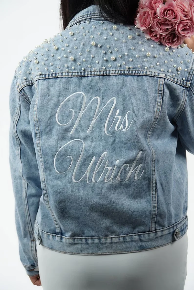 Bachelorette Embroidered Jean Jacket Hen Party Gift Custom Bride Denim Jacket Pearl Mrs Outerwear Personalised Coats Wedding Day