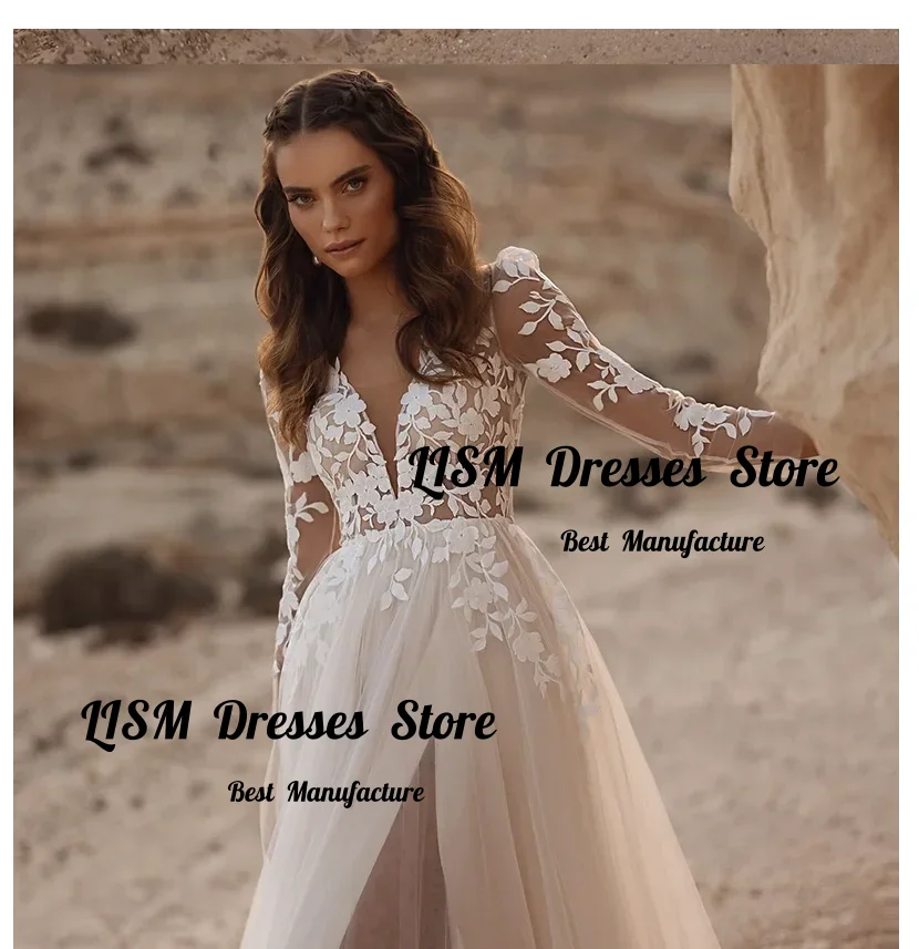 Lism Customize To Measures Elegant Wedding Dresses Deep V-Neck Appliques Illusion Ivory Tulle Sweep Train A-Line Bridal Gown