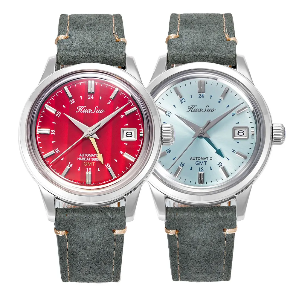 HUASUO 39mm GMT Watches For Men 316L Stainless Steel Wristwatch Automatic Mechanical Movement NH34 5Bar Waterproof Timepiece