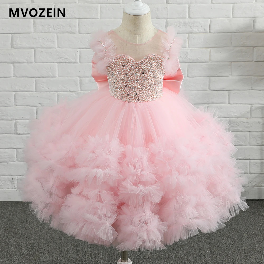 Pearl Girl Princess Dress Layers Pink Girl Dresses Short Flower Girl Dresses Cute Bow Baby Girl Dresses Wedding Party Dresses