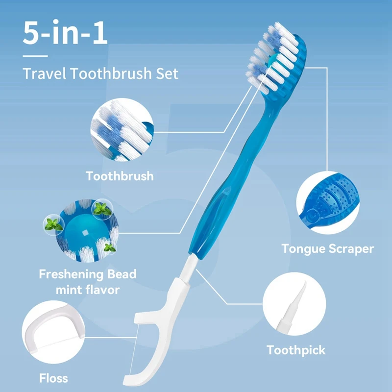 Sikat gigi perjalanan sekali pakai, 5-In-1 + Floss + Pick + pengeruk lidah, siap pada Go sikat gigi dengan manik-manik segar