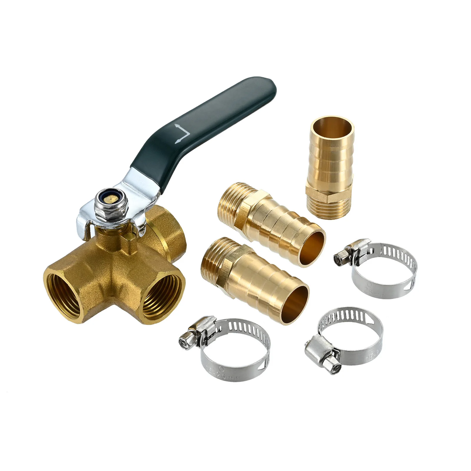 

Brass 3 Way L-port Shut Off 1/2"G Thread Ball Valve with 1/2" Hose Barb T Shaped Brass Fitting One Switch and Pipe Clamps Kit