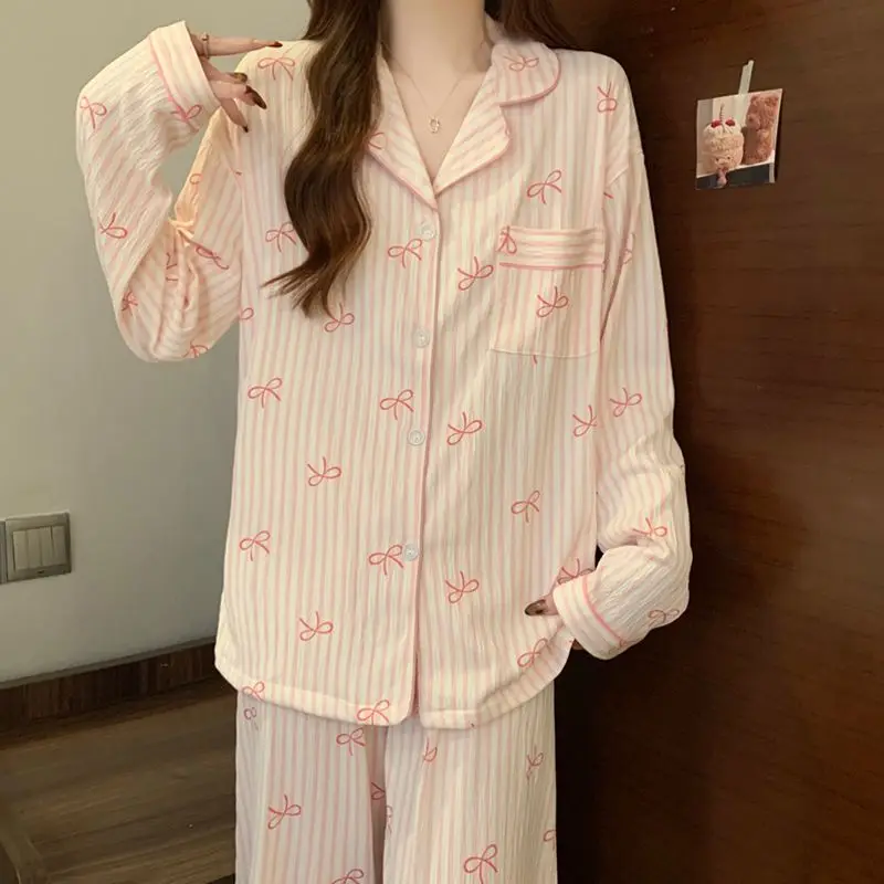 Femmes pyjamas ensemble printemps automne loisirs vêtements de nuit à manches longues pantalon revers doux nœud papillon rayé imprimé Homewear femme vêtements de détente