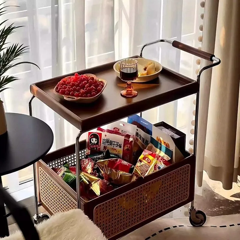 Wood Rolling Side Table with Stainless Steel Shelf Rattan Storage Cart for Living Room Decor
