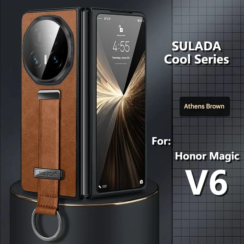 Sulada Cool Series PU-Leder Armband-Ringhalter-Hülle für Honor Magic V6 V5 Magic V6 Business Grip Bracket Kickstand Cover