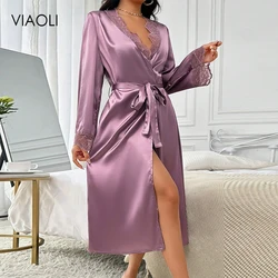 Solid Satin Night Robe Elegant Pajamas With Belt Sexy Women Sleepwear Mesh Lace Splicing V-neck Nightgown Plus Size Nightwear