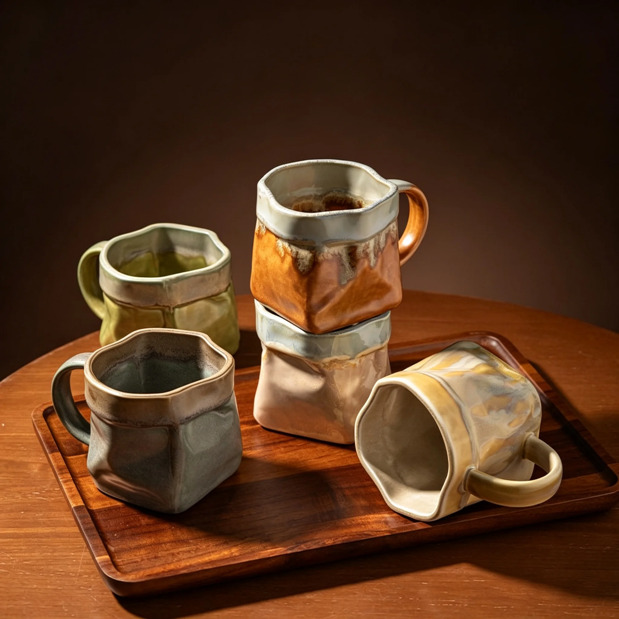 Hand Pinched Wrinkled Ceramic Mug Kiln Reactive Glaze Irregular Square Coffee Tea Cup With Handle Vintage Drinkware Home Office
