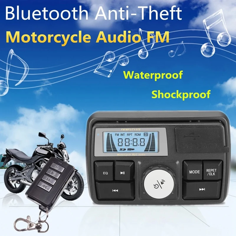 Sistema de som de rádio mp3 para motocicleta, alto-falantes estéreo, bluetooth, à prova d'água, fm, 5 funções eq, display lcd, usb/sd/tf