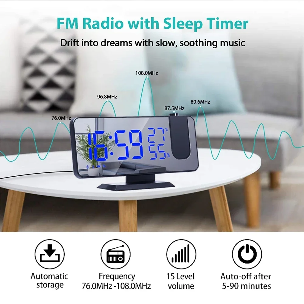 LED Digital Projection Alarm Clocks USB Electronic Ceiling Projector Alarm Clock with FM Radio for Bedroom Bedside Desktop Clock