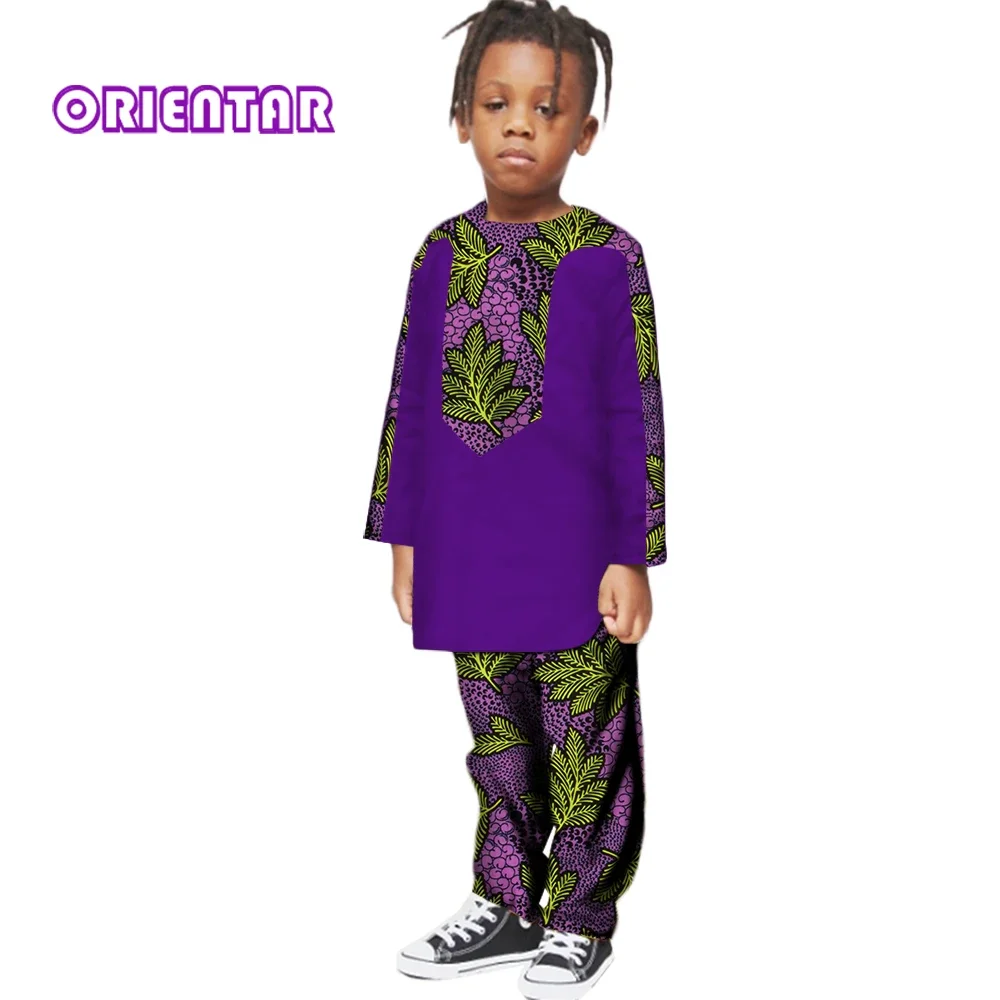 

Boy Kids African Clothes Tops and Pants Sets African Print Long Sleeve Shirt Trousers Bazin Riche Africa Children Clothes WYT202