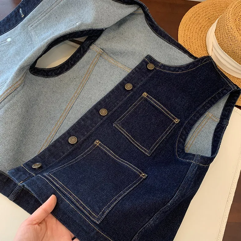 Faionable Deep Blue redondo Ne ort Denim Vest Feminino Verão High-End Sensation Layering Versátil Svel Tank Top Ja...