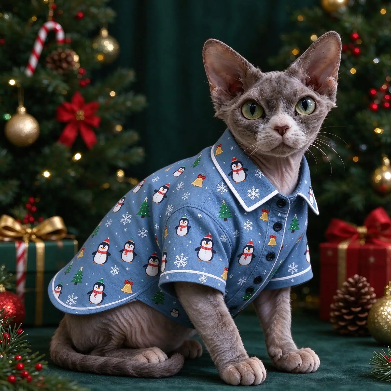 Cat & Dog Christmas Shirt, Cute Cartoon Xmas Element Allover Print Lapel Party Casual Pet Apparel