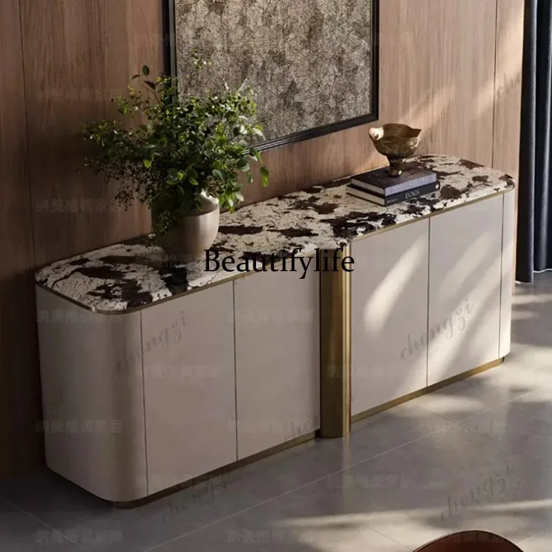 HR Retro marble dining side cabinet integrated against the wall for home use, medieval solid wood locker